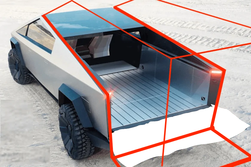 Tesla Cybertruck CT with midgate as motorhome. CT Mid 76%22 + 48%22 Quartervi