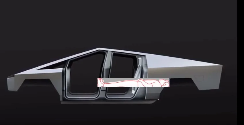 Tesla Cybertruck CT with midgate as motorhome. CT Sleeping position