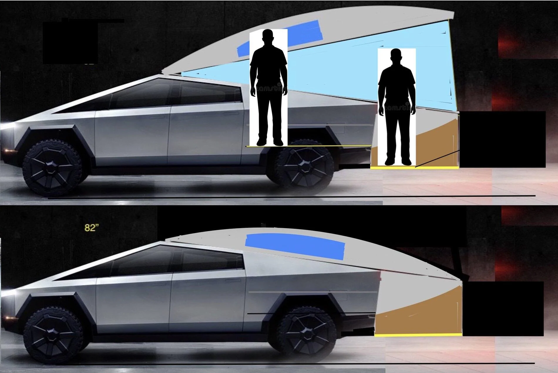 Tesla Cybertruck Huge simple wedge curved pop top with 48" tailbox CT 6'11%22 long curve wedge up & down for Forum