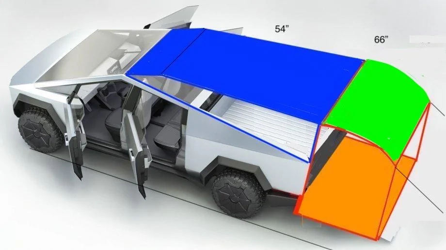 Tesla Cybertruck Practical stealth (or boondock) camper CT Box No front Hinge Blue hatch down
