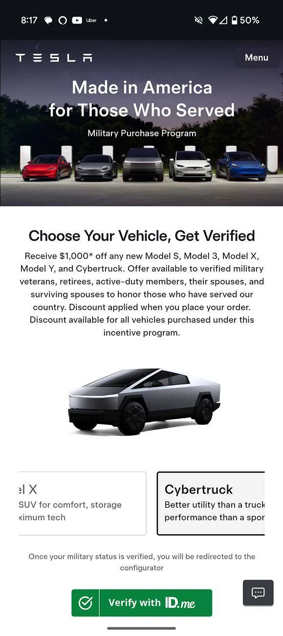 Tesla Cybertruck Tesla x Uber partnership!... Again (combines with military discount) Screenshot_20241101-201700