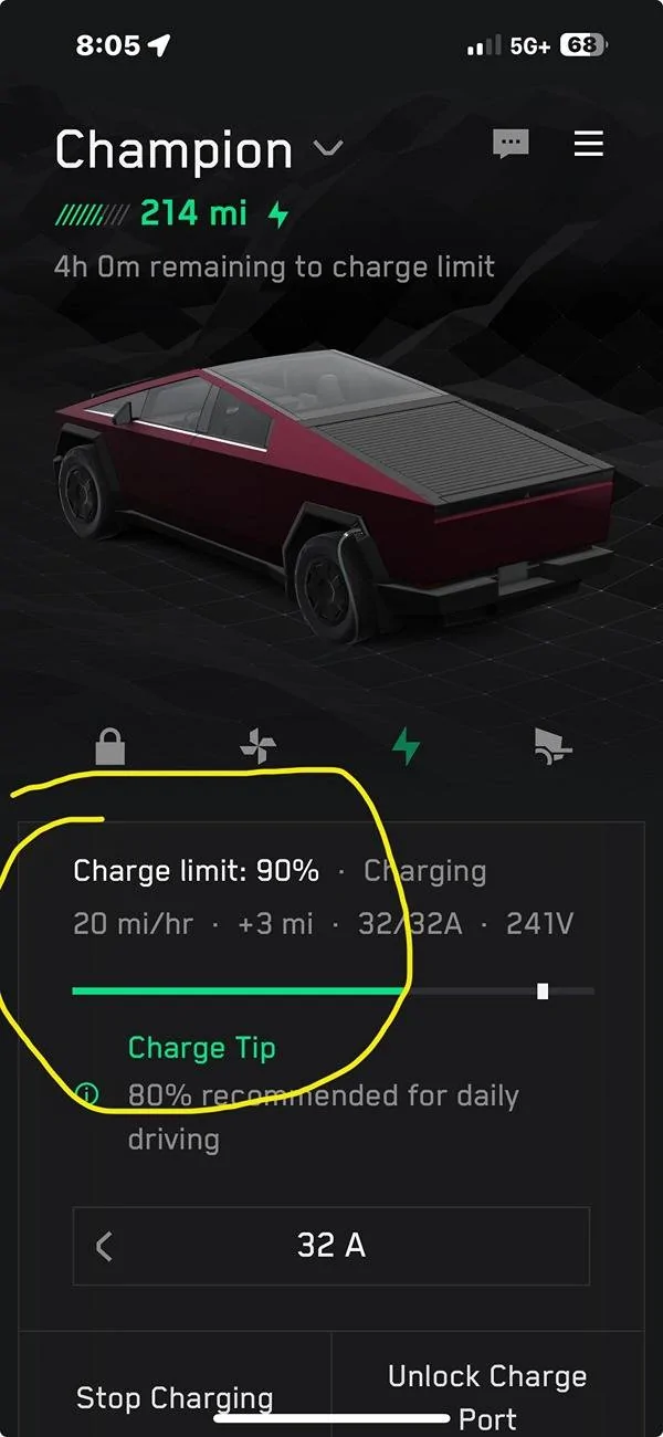 Tesla Cybertruck Nema 14-50 charge rate. CT_Charging_at_RV-Park_with_portable_charger