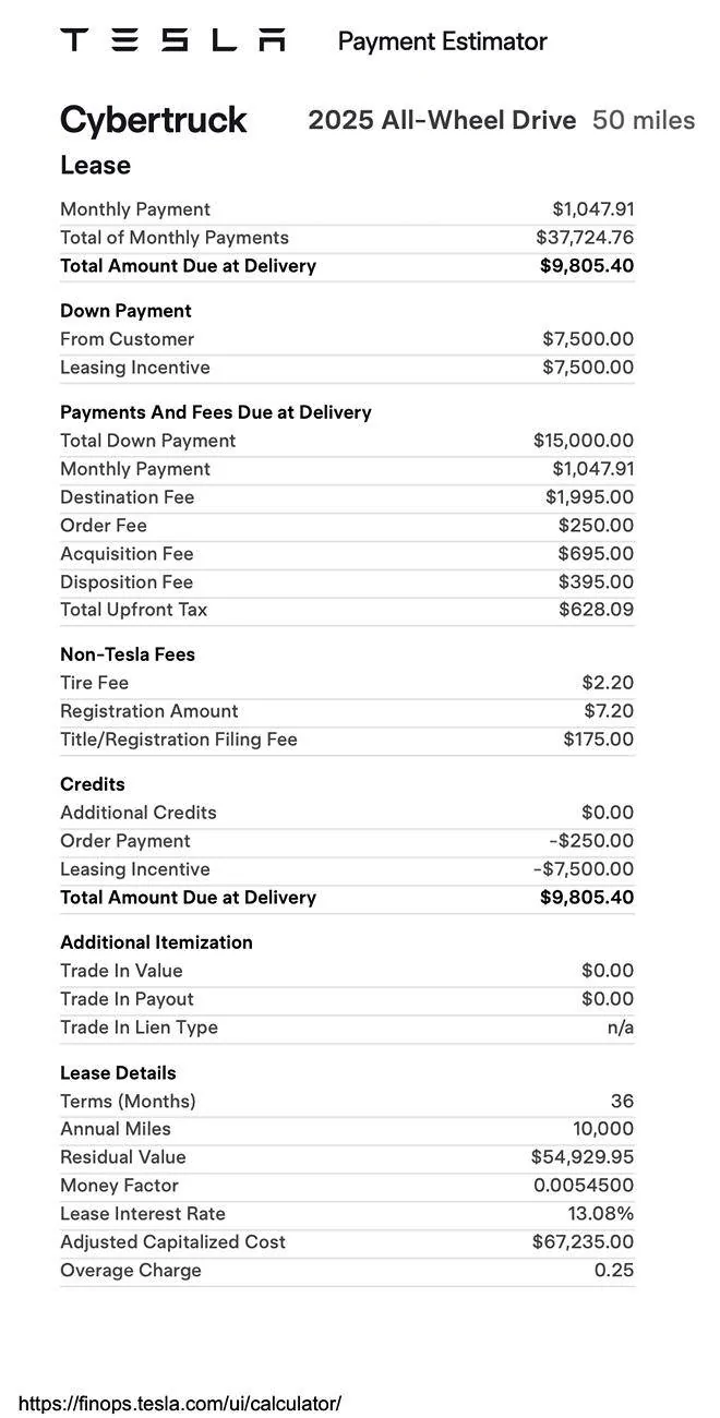 Tesla Cybertruck Cybertruck lease rates now available for U.S. ($0 down / $7,500 down) -- [ADMIN WARNING: NO POLITICS] Screenshot 2024-11-10 at 8.10.27 PM