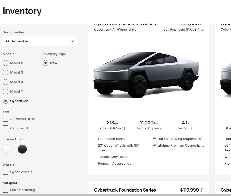 Tesla Cybertruck Cybertruck now available as INVENTORY on Tesla site! Screenshot 2024-11-12 210736