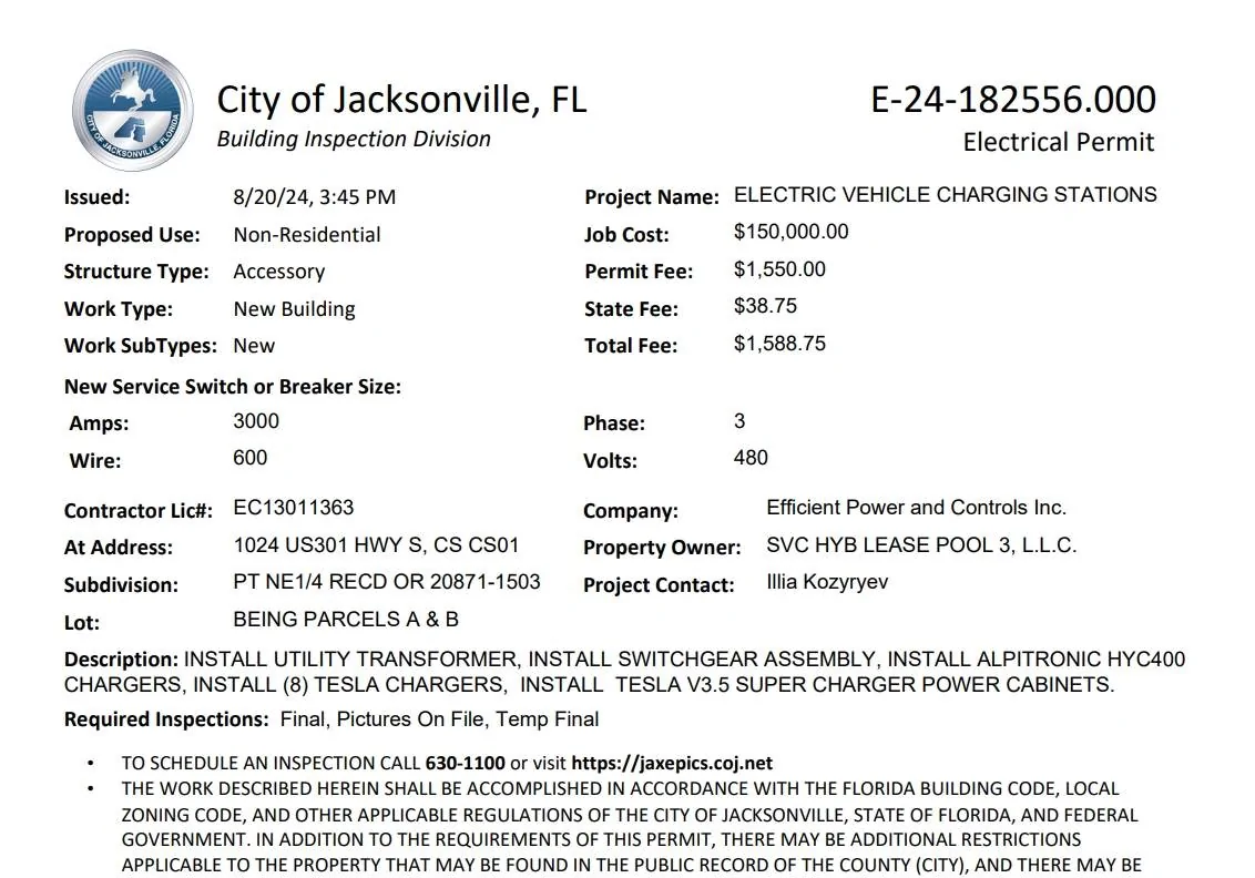Tesla Cybertruck BP Supercharger coming to Baldwin, FL - 1024 US-301 2024-11-14 11_04_57-PrintedElectricalPermit