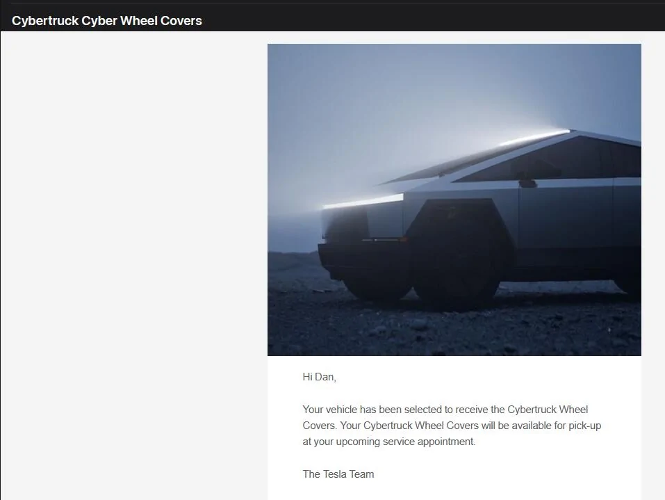 Tesla Cybertruck Cyber Wheel Covers pick-up delivery emails going out to owners now wheel-cover-notic