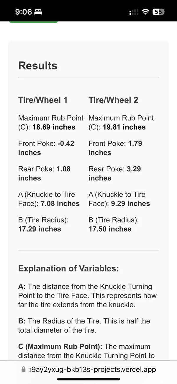 Tesla Cybertruck Cybertruck Tire Rub / Maximum Tire Clearance Calculator -- Claude AI Built IMG_0752