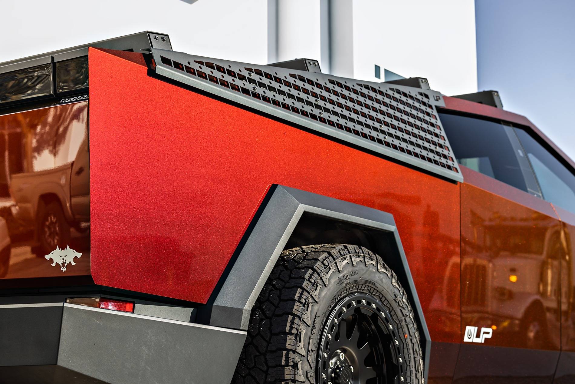 Tesla Cybertruck Customer Highlight - Assassin Red Cybertruck Build Tesla Cybertruck Assassin Red Wrap 20 inch Beadlock UP-03 Forged Wheels Roof Rails MOLLE Panel