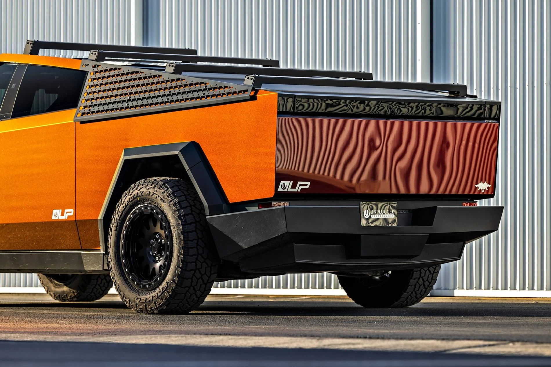Tesla Cybertruck Customer Highlight - Assassin Red Cybertruck Build Tesla Cybertruck Assassin Red Wrap 20 inch Beadlock UP-03 Forged Wheels Roof Rails MOLLE Pan