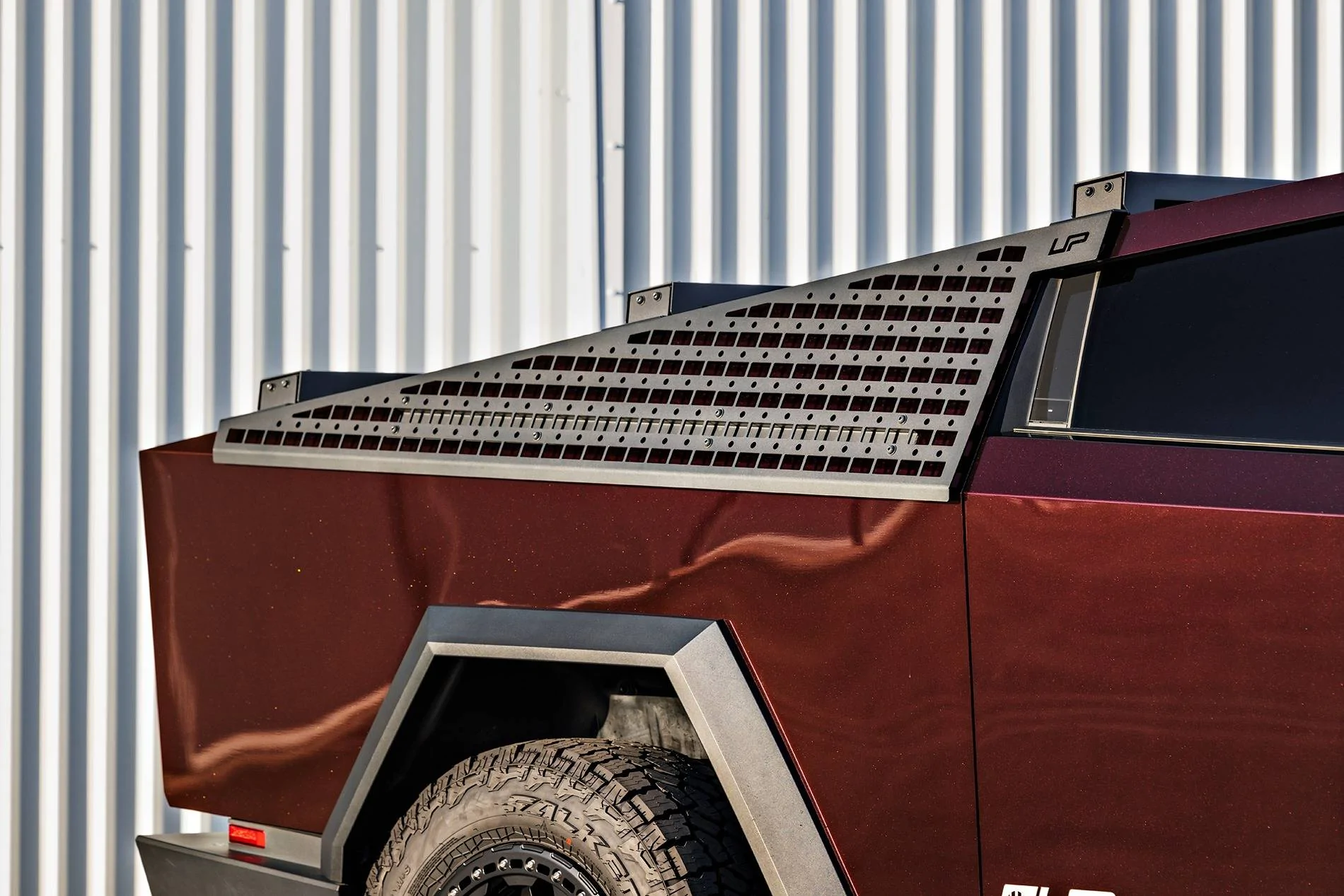 Tesla Cybertruck Customer Highlight - Assassin Red Cybertruck Build Tesla Cybertruck Assassin Red Wrap 20 inch Beadlock UP-03 Forged Wheels Roof Rails MOLLE Pan