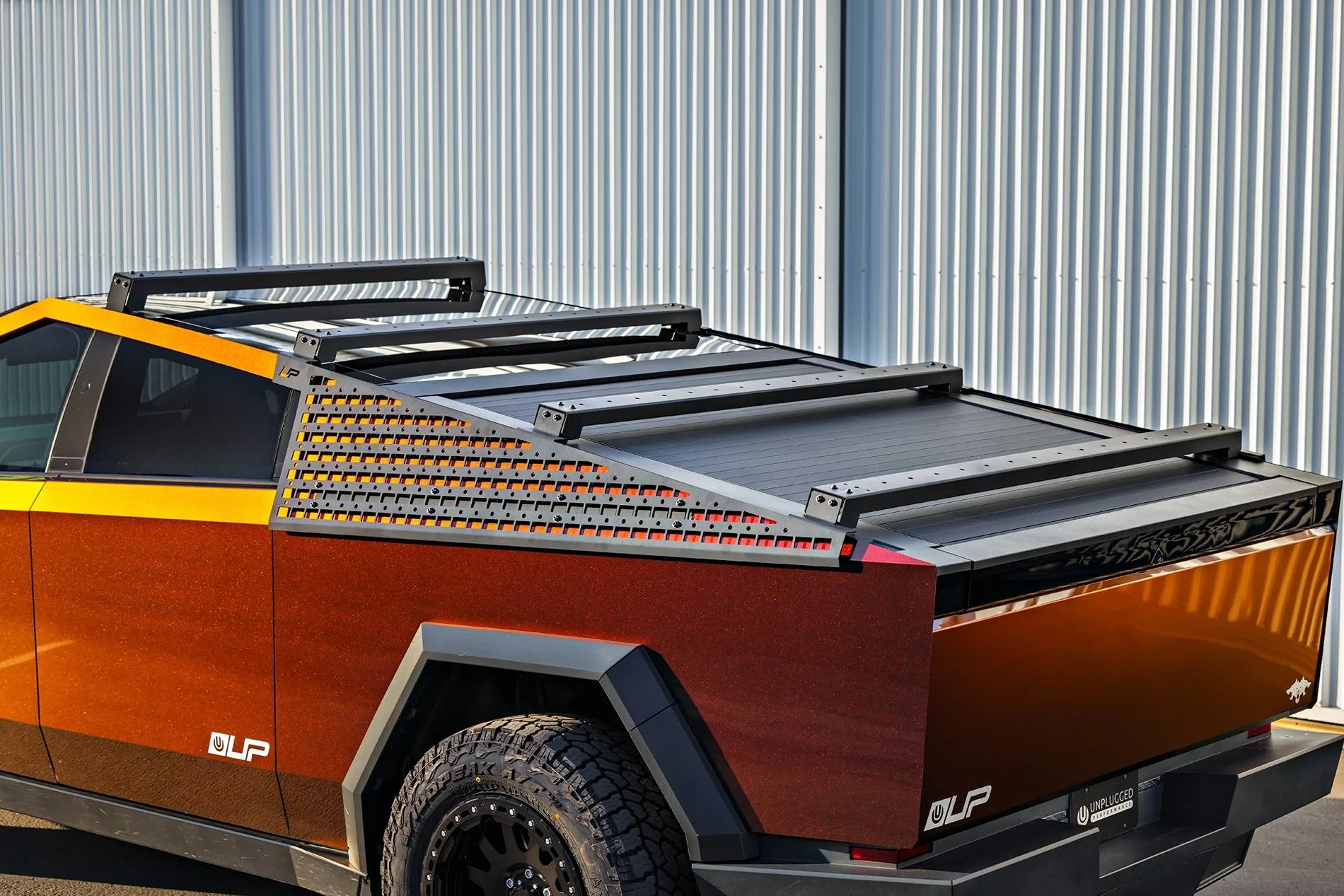 Tesla Cybertruck Customer Highlight - Assassin Red Cybertruck Build Tesla Cybertruck Assassin Red Wrap 20 inch Beadlock UP-03 Forged Wheels Roof Rails MOLLE Pan