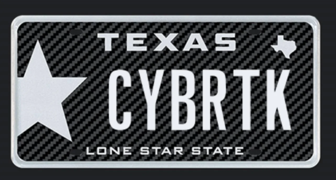 Tesla Cybertruck CYBRTK TEXAS LICENSE PLATES FOR SALE IMG_0738