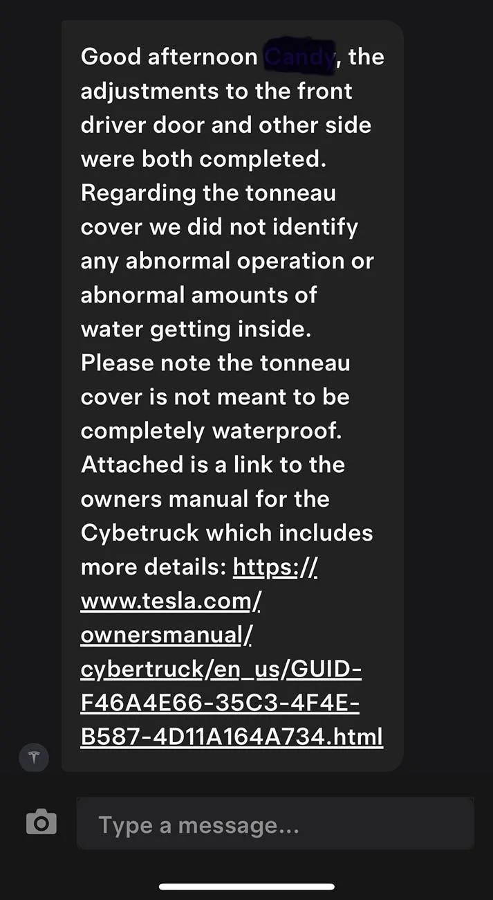 Tesla Cybertruck Tonneau cover gap issue fixed by Service Center under warranty IMG_6651