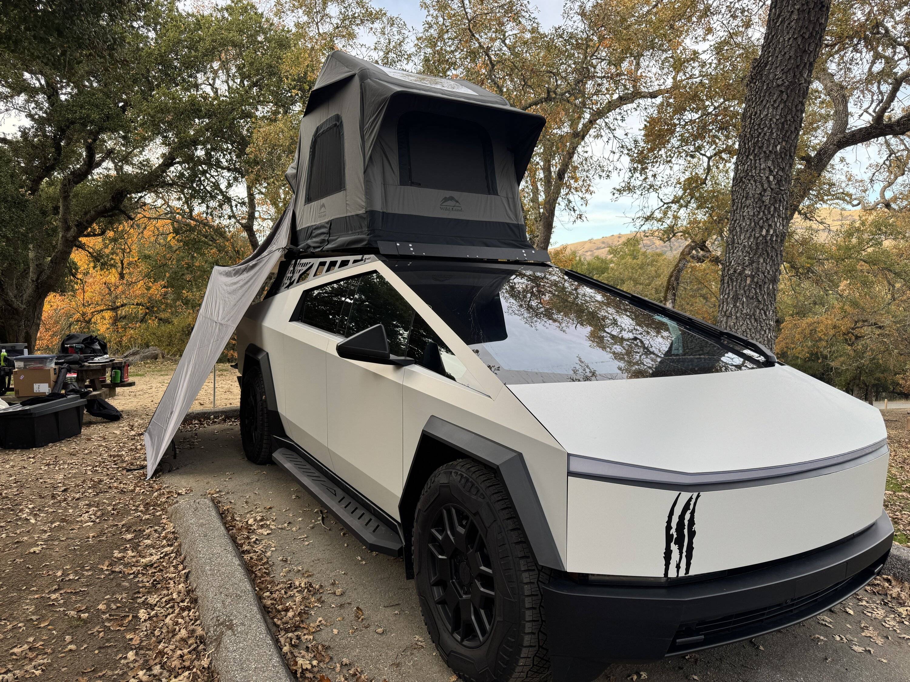 Tesla Cybertruck Upgraded my rooftop tent RTT setup -- with annex awning covering entire bed area IMG_3089.JPG
