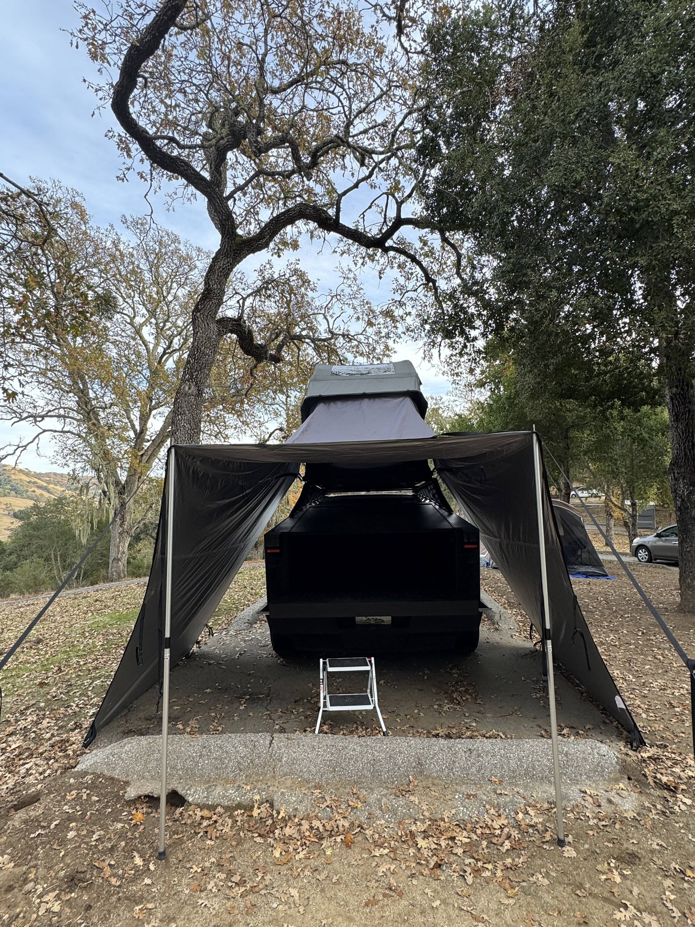 Tesla Cybertruck Upgraded my rooftop tent RTT setup -- with annex awning covering entire bed area IMG_3077.JPG