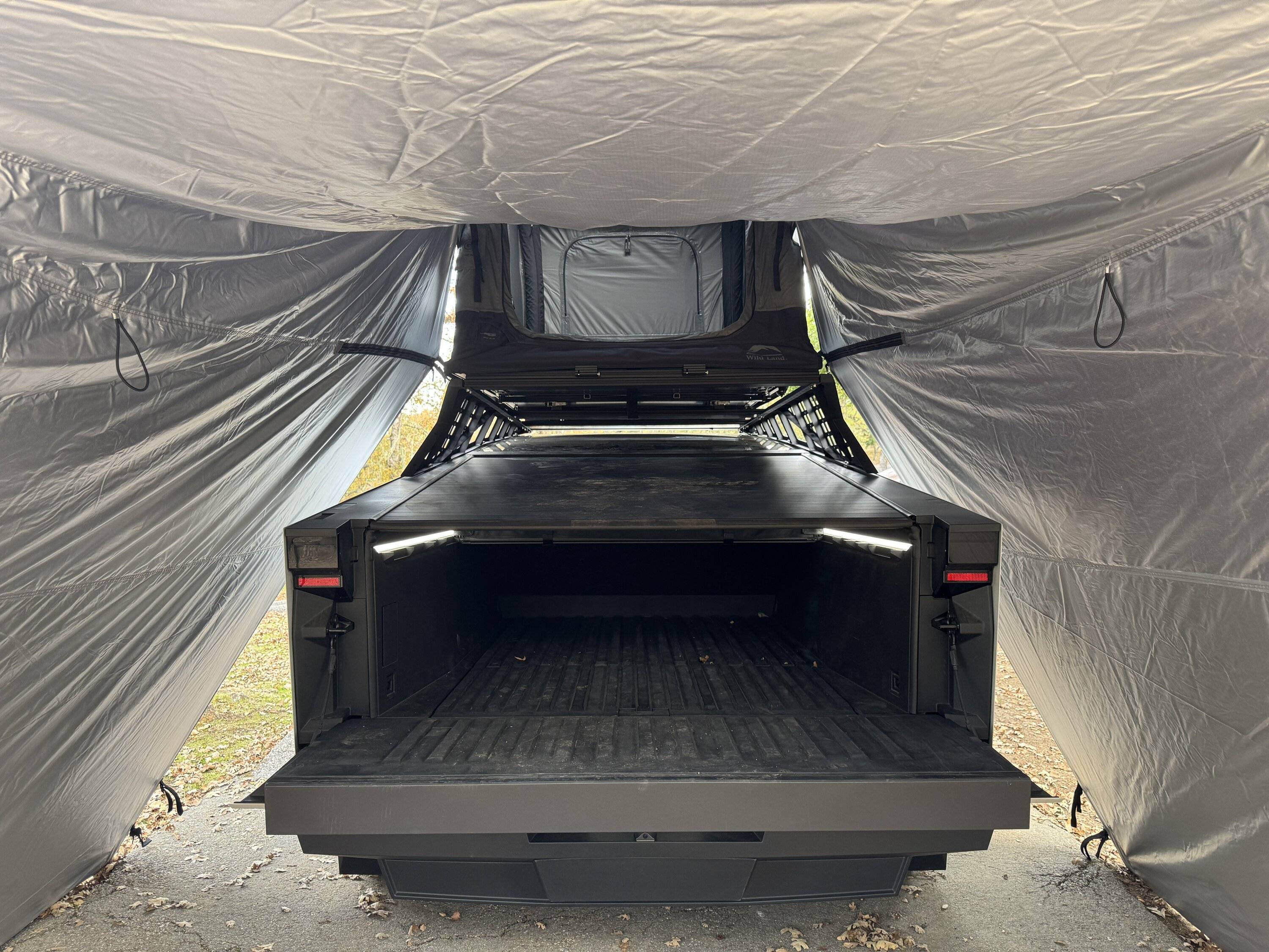 Tesla Cybertruck Upgraded my rooftop tent RTT setup -- with annex awning covering entire bed area IMG_3091.JPG
