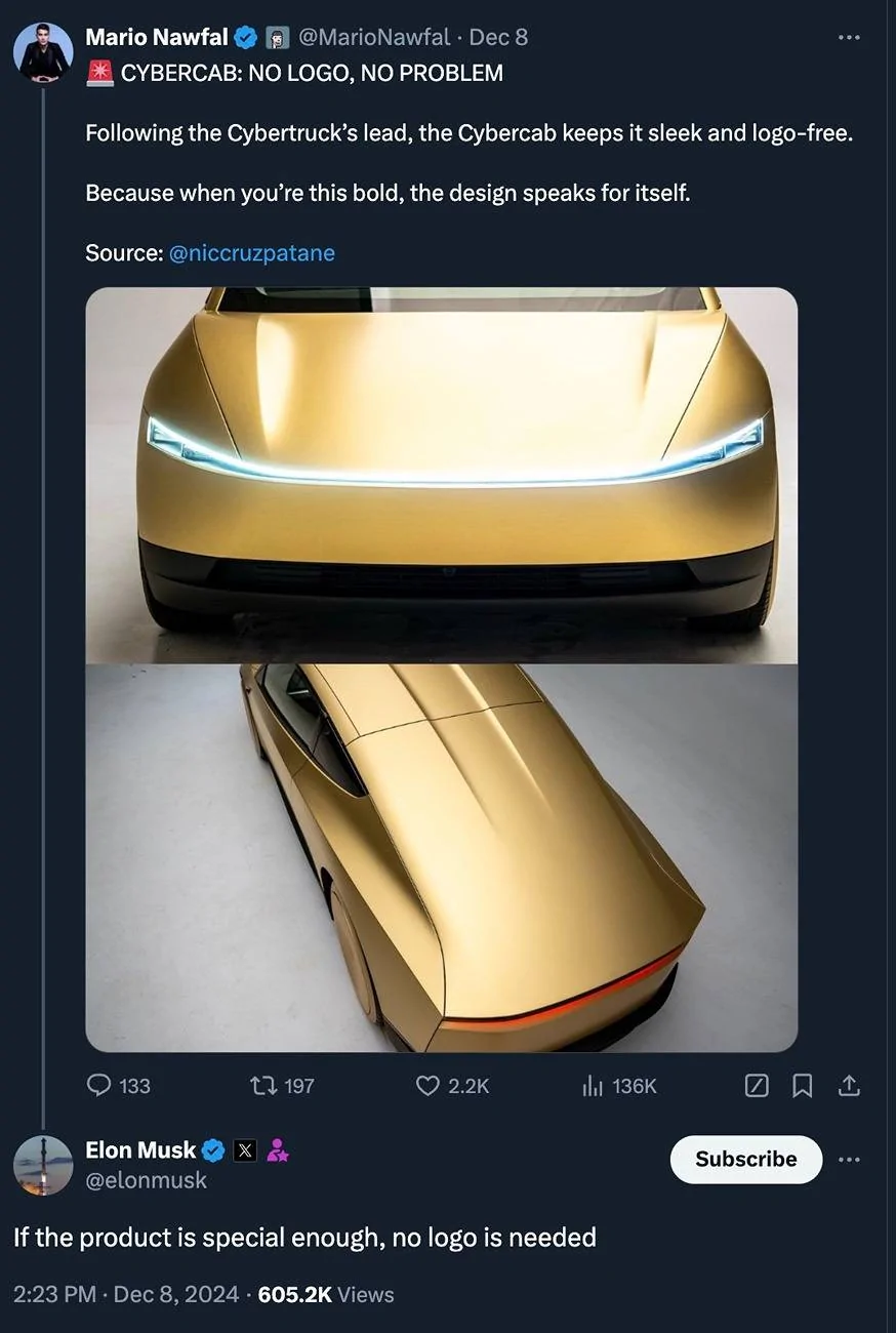 Tesla Cybertruck Why no logos on Cybertruck & Cybercab? -- Musk: "If the product is special enough, no logo is needed" no logos cybercab cybertruck