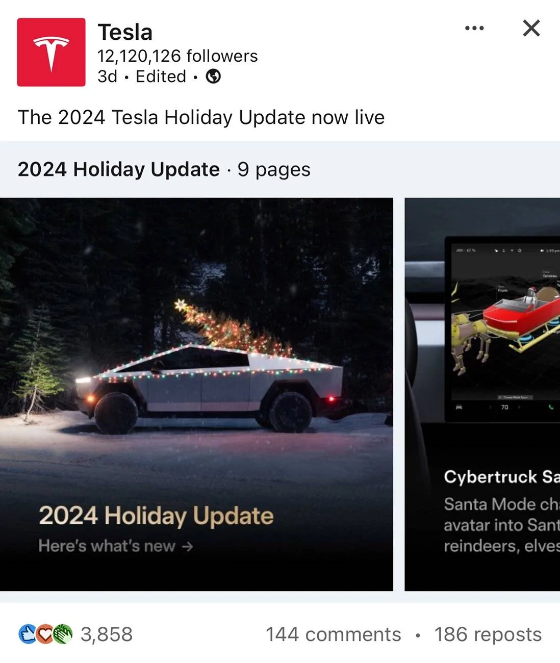 Tesla Cybertruck Tesla Holiday Update 2024 begins rolling out (via 2024.44.25.2 software update)! IMG_1259