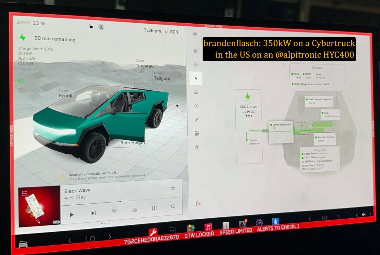 Tesla Cybertruck Cybertruck can now charge up to 325kW on select V4 Superchargers! 400v vs 800v Charging in progress at 738V 474A is 350kW