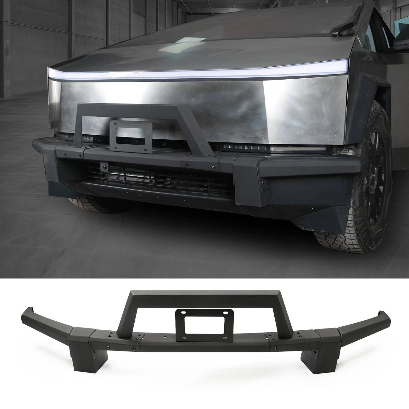 Tesla Cybertruck 🛡️ Heavy Duty Front Bumper with License Plate Frame for Cybertruck-No Drilling Required (Teslaunch) A1(1)