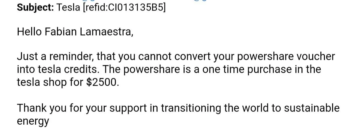Tesla Cybertruck Tesla Credits in Wallet as Powershall credit for FS Owners Screenshot_20241230-133447_Gmail