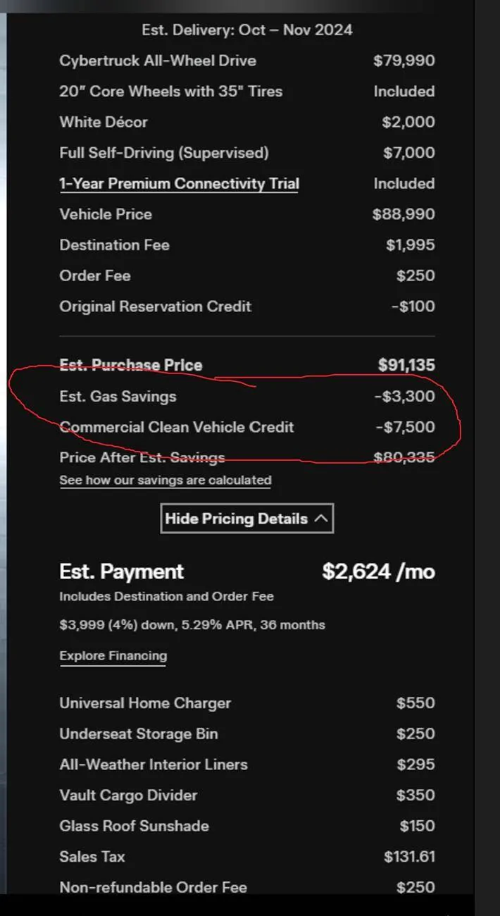 Tesla Cybertruck At the time I ordered my CT, Tesla pre-delivery page showed $7500 EV credit. So what happends now? Screenshot 2025-01-02 185641
