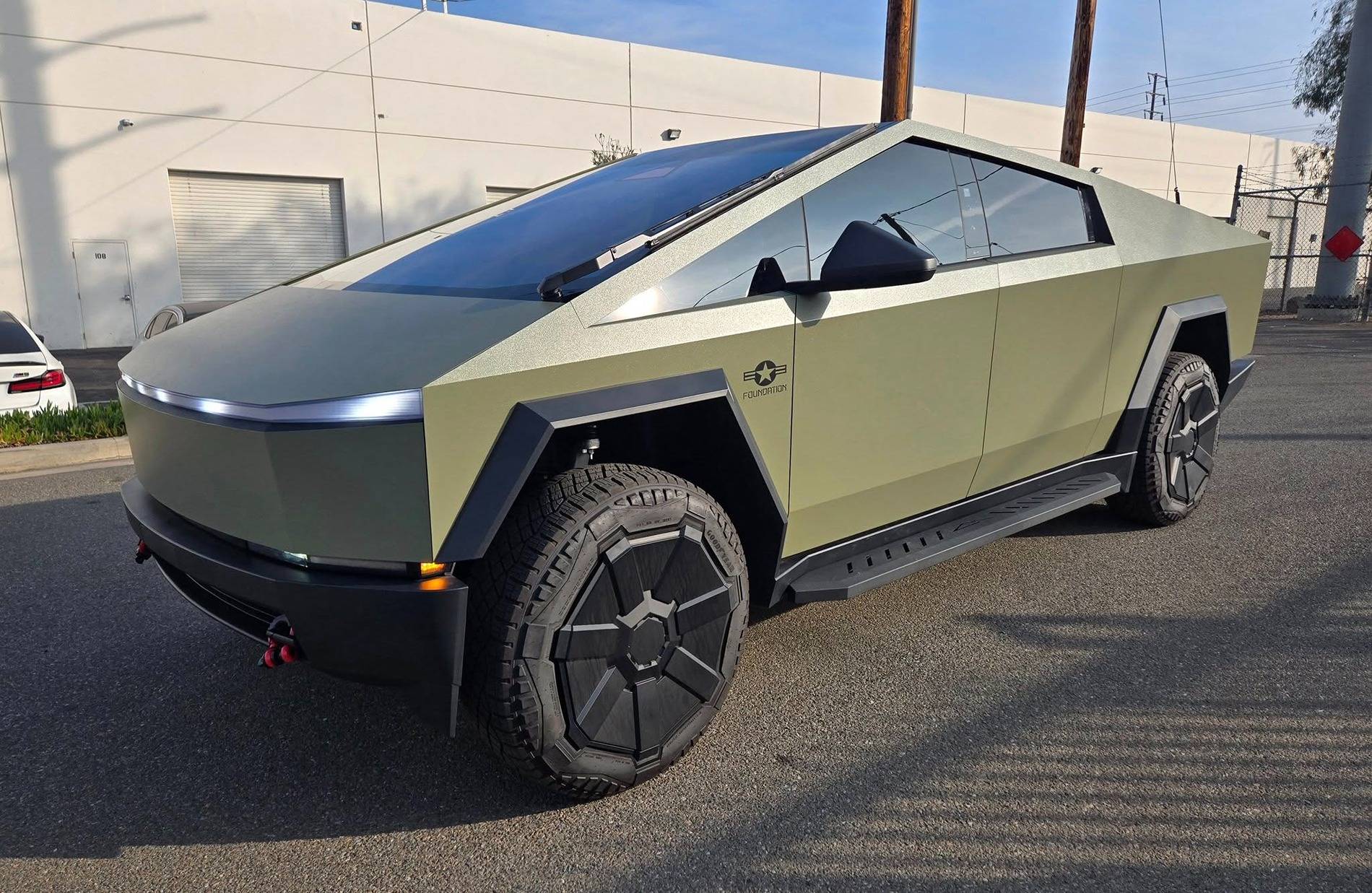 Tesla Cybertruck GREEN Vinyl Wrap & PPF Cybertruck -- Photos & Videos Rugged Combat Green (Avery Dennison SW900 Vinyl Wrap) on Cybertruck 1