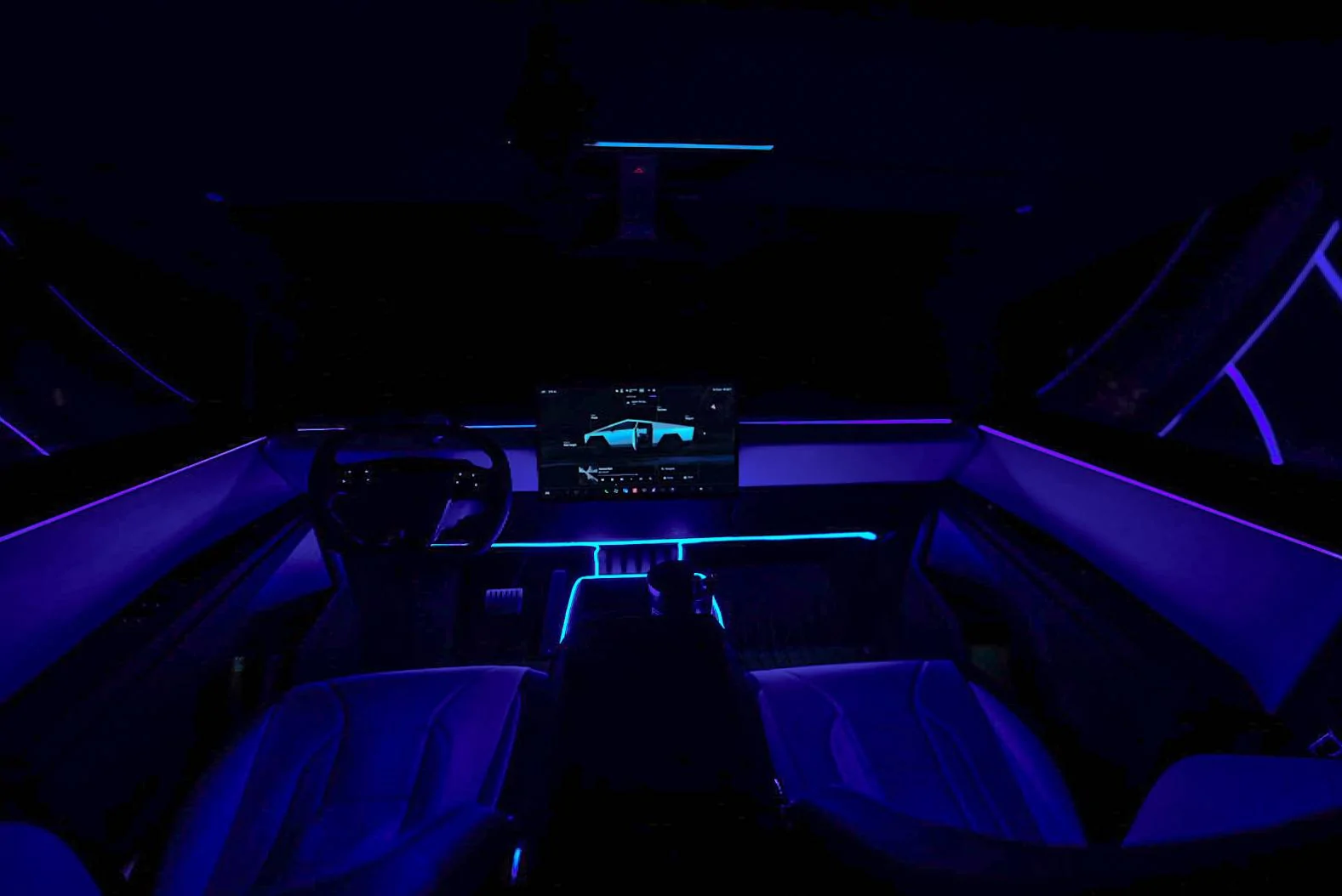 Tesla Cybertruck GLOW IN THE DARK TRON theme with clear PPF wrap…Interior Neon Lighting _7R51419