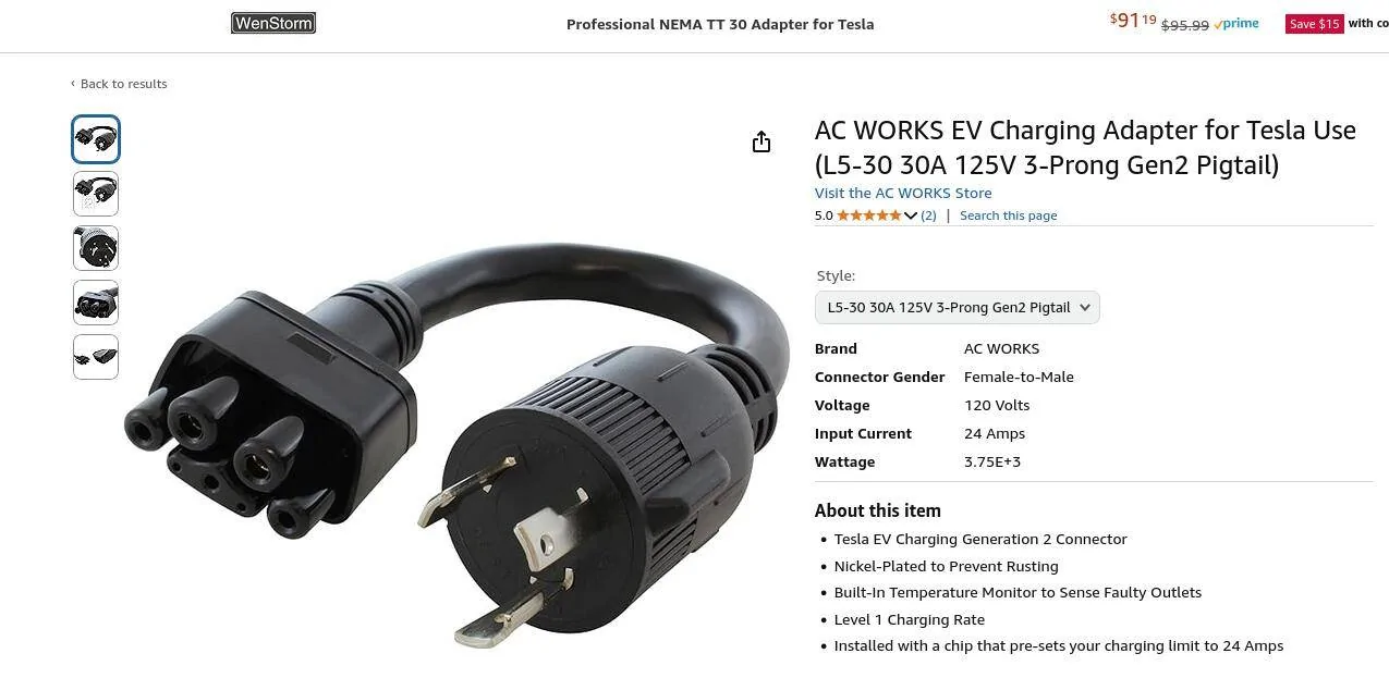 Tesla Cybertruck Portable generator as "Range Extender" Screenshot 2025-01-07 at 21-18-41 Amazon.com AC WORKS EV Charging Adapter for Tesla Use (TT-3