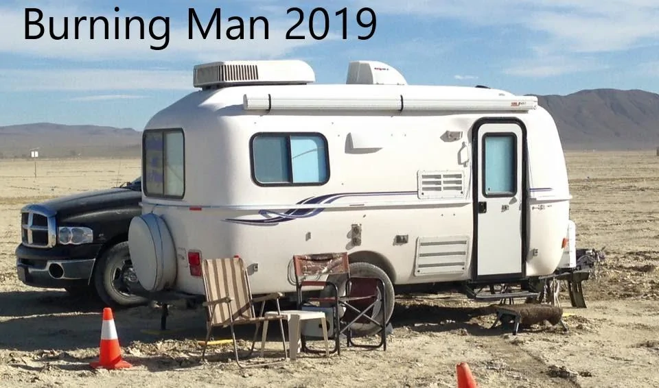 Tesla Cybertruck What will you tow with your Cybertruck? casita at burning man with text