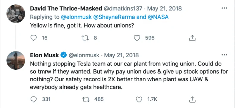 Tesla Cybertruck A Unionized Tesla Workforce Could Benefit All Parties elon-musk-union-tweet