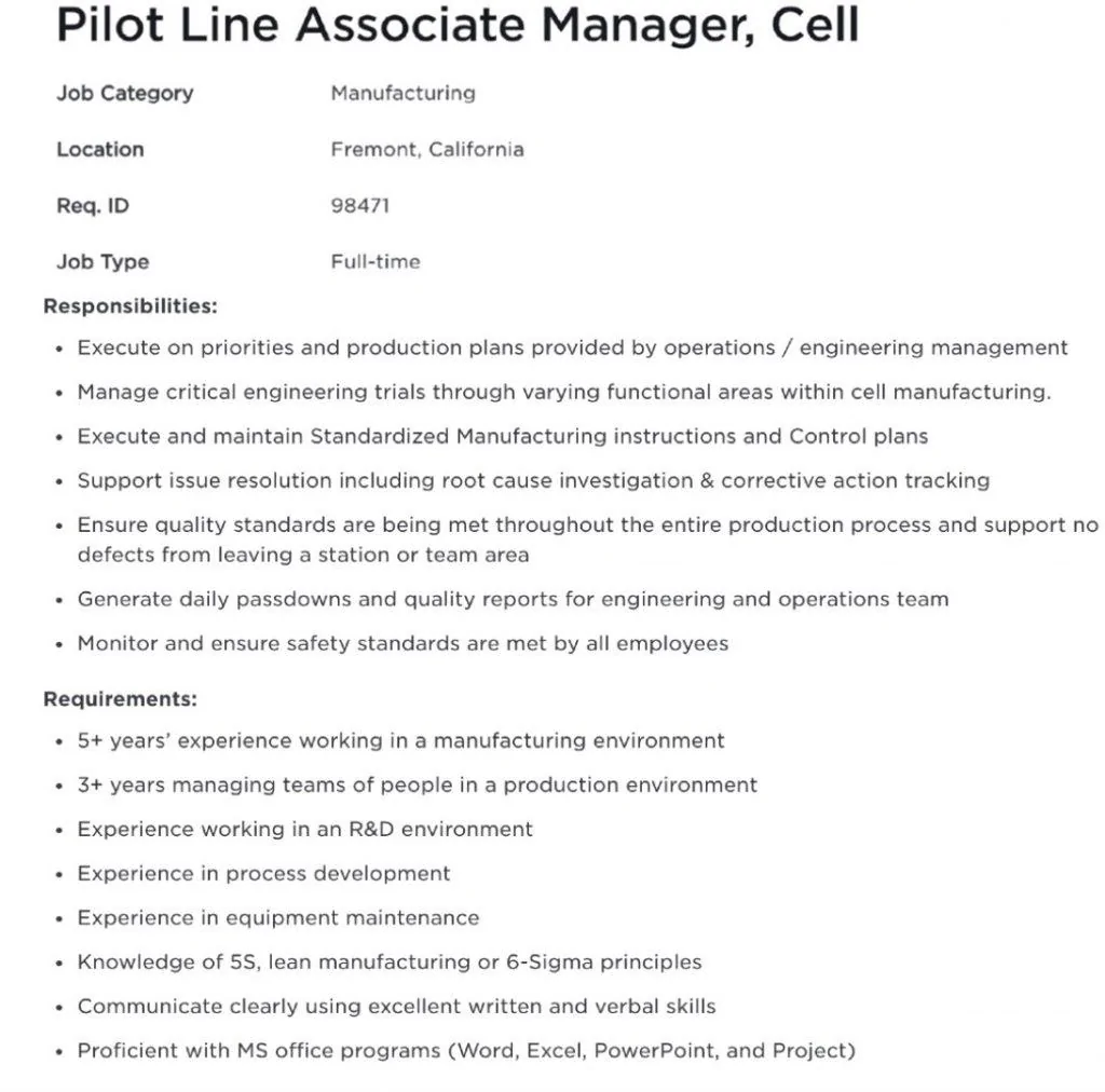 Tesla Cybertruck Tesla ramps hiring for 4680 pilot line in Fremont Tesla-4680-pilot-line-associate-manager-1024x1012