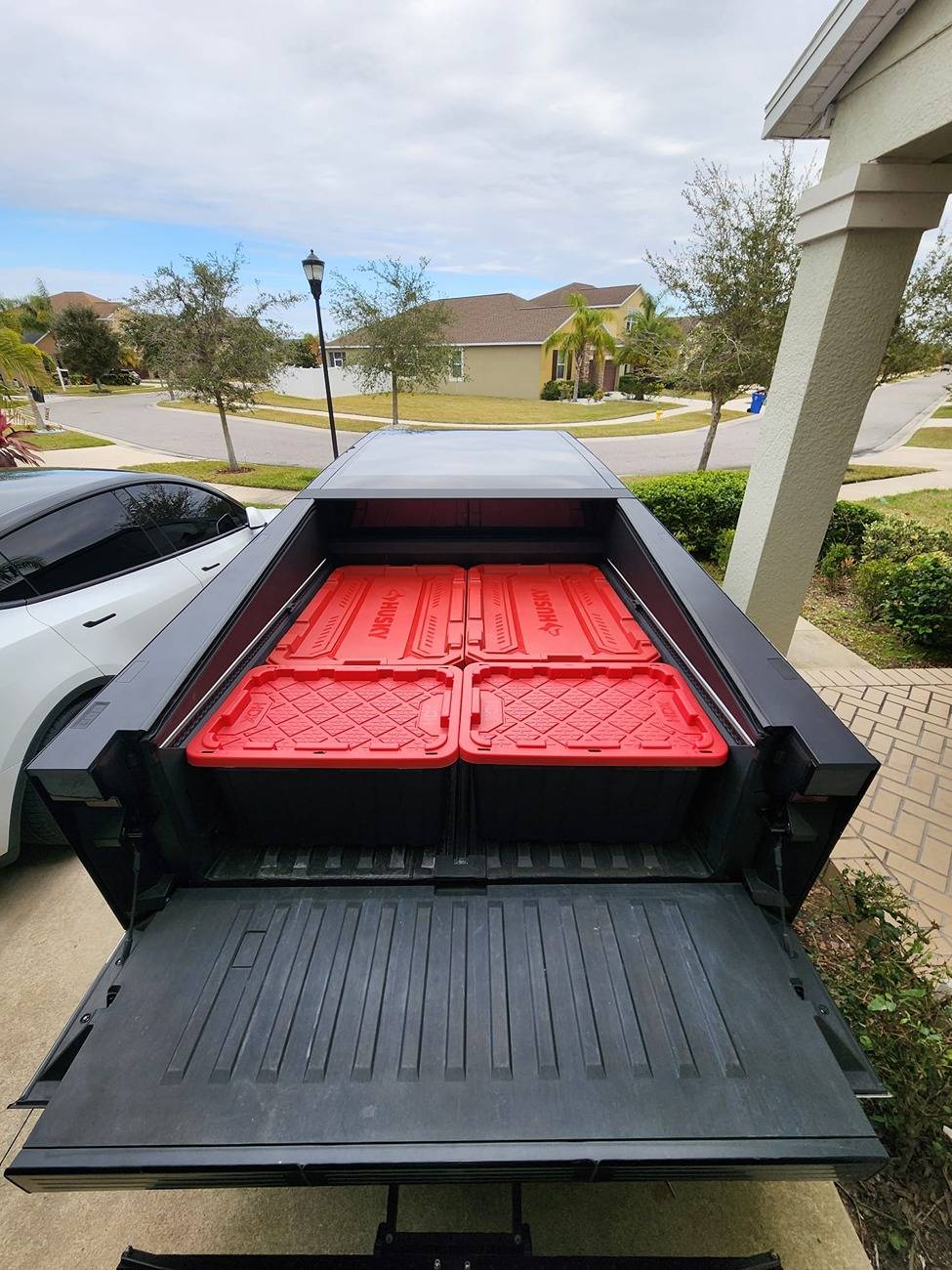 Tesla Cybertruck Bed Storage Bin Option: Husky 57 Gallon Storage Tote With Wheels Truckbed