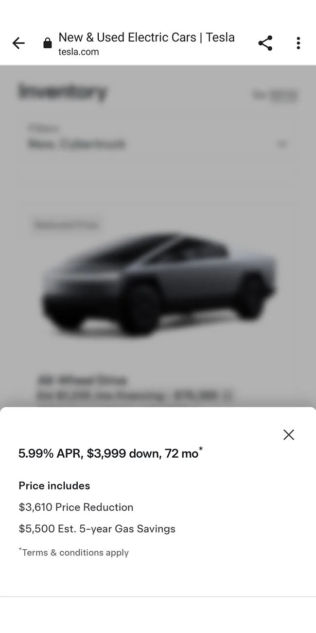 Tesla Cybertruck $74k trucks in inventory Screenshot_20250117-090020