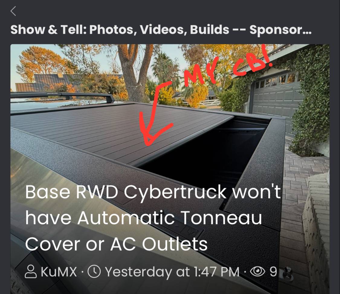 Tesla Cybertruck Base RWD Cybertruck won't have Automatic Tonneau Cover or AC Outlets IMG_2971