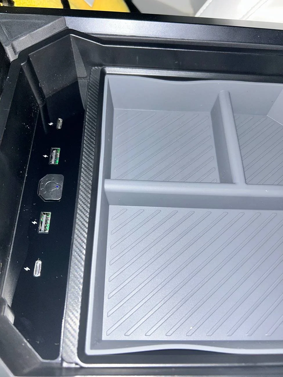 Tesla Cybertruck Front console powered storage IMG_0603