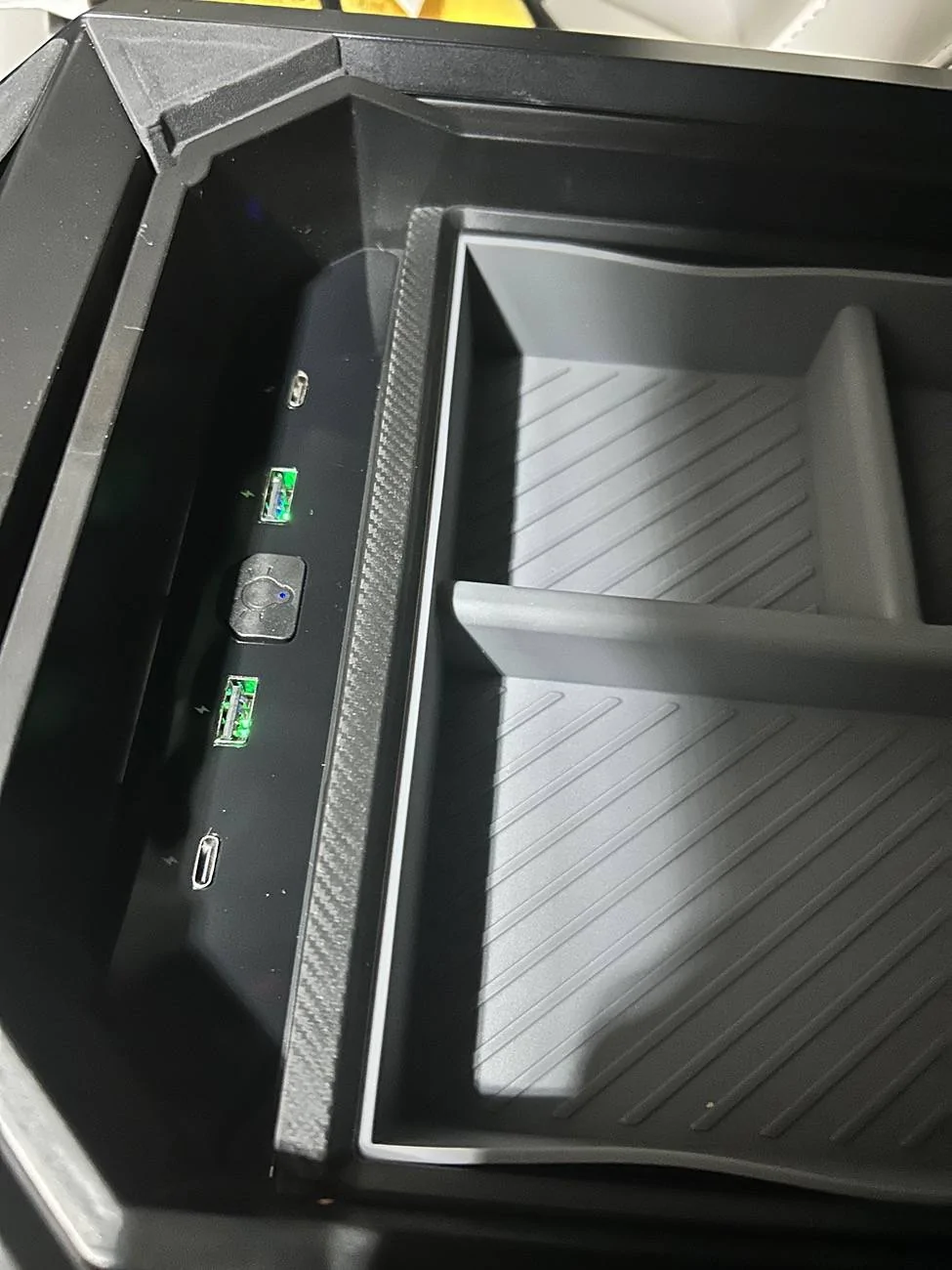 Tesla Cybertruck Front console powered storage IMG_0605