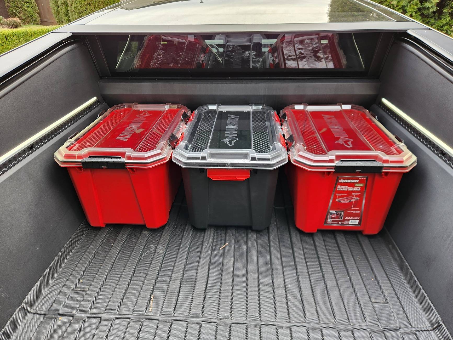 Tesla Cybertruck Husky Storage Containers fit nicely in Cybertruck bed 20250123_153405
