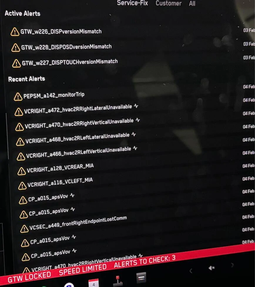 Tesla Cybertruck New Foundation Series Lots of alerts in Service Mode. Is this normal? Screenshot 2025-02-04 at 8.08.56 PM
