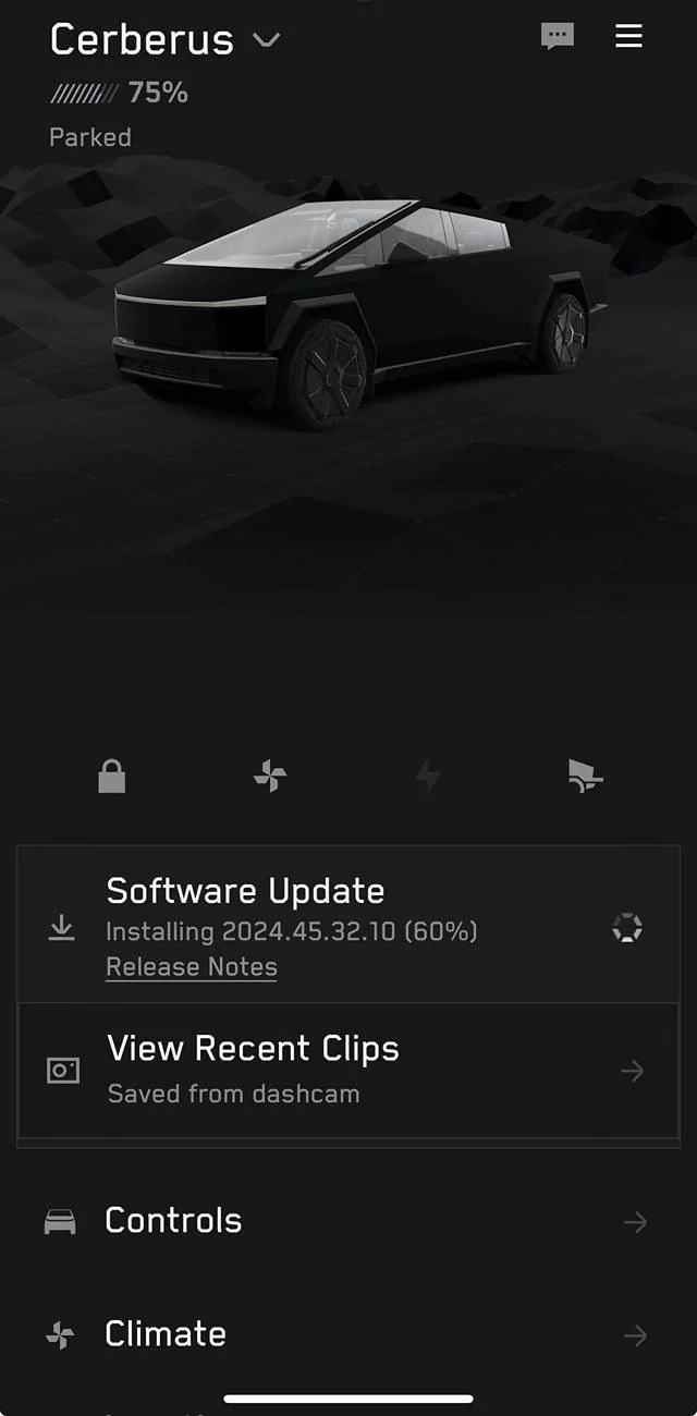 Tesla Cybertruck 2024.45.32.10 update installing now IMG_4157