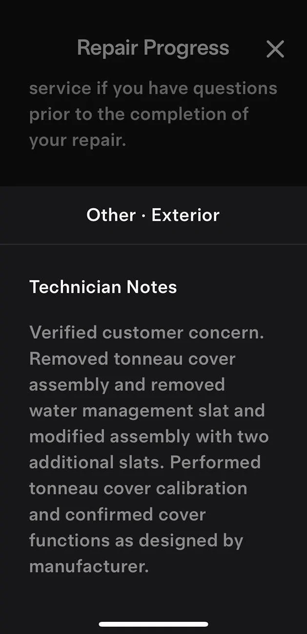 Tesla Cybertruck Tonneau cover gap issue fixed by Service Center under warranty IMG_7015