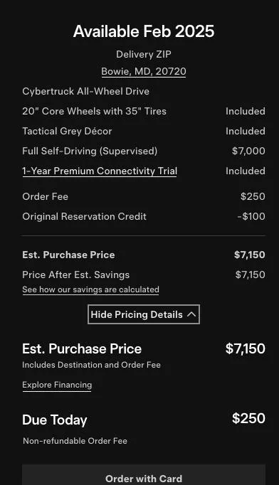 Tesla Cybertruck AWD CT for FREE! FSD=$7000 CT Purchase Price $7500