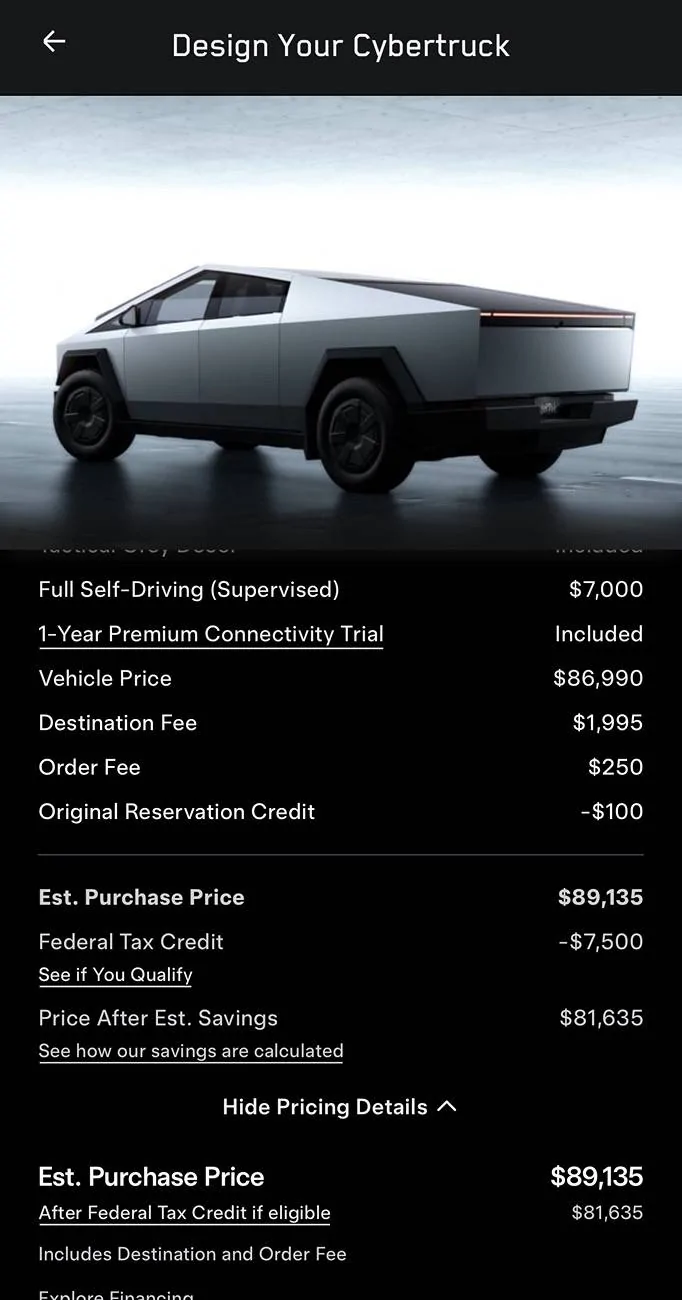 Tesla Cybertruck 2025 CyberTruck individual order that actually received the $7.5k tax credit/rebate ? IMG_2132