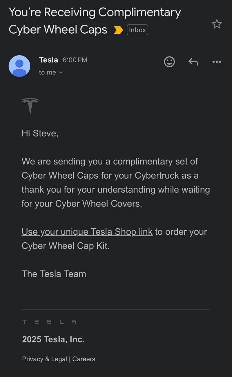 Tesla Cybertruck Free Cyber Wheel Caps from Tesla IMG_0287