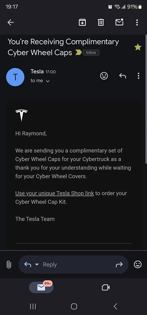 Tesla Cybertruck Free Cyber Wheel Caps from Tesla Screenshot_20250211_191754_Gmail