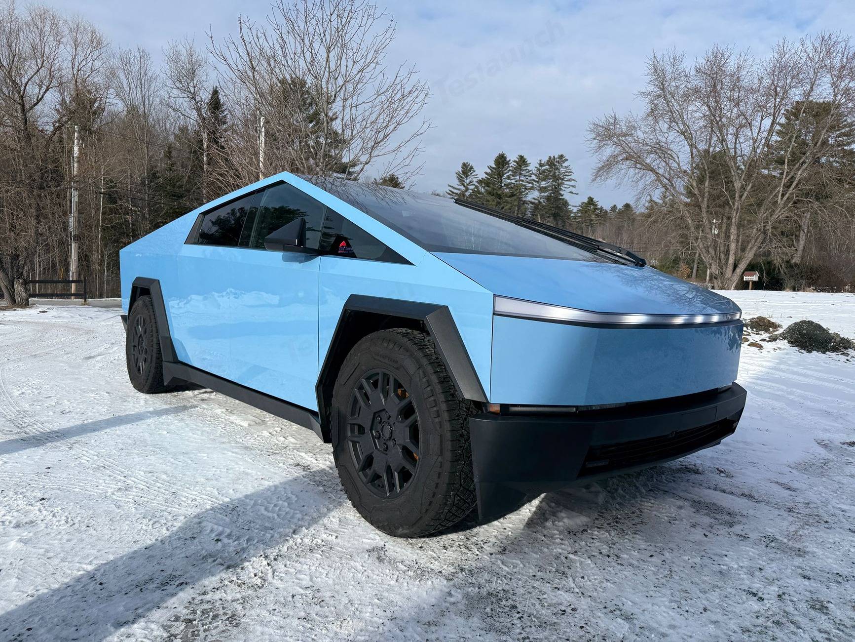 Tesla Cybertruck [Brand New Real Review] TH706-Glacier Blue Wrap by Teslaunch – Blends Perfectly with the Snow! ❄️🔥 02
