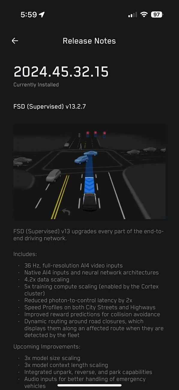 Tesla Cybertruck 2024.45.32.15 (FSD v13.2.7) Update Installed IMG_4294