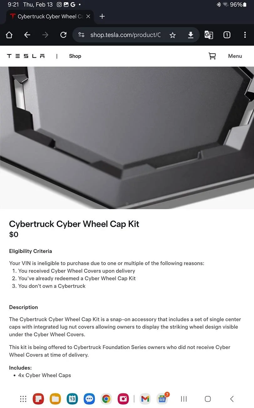 Tesla Cybertruck Free Cyber Wheel Caps from Tesla Screenshot_20250213_092116_Chrom