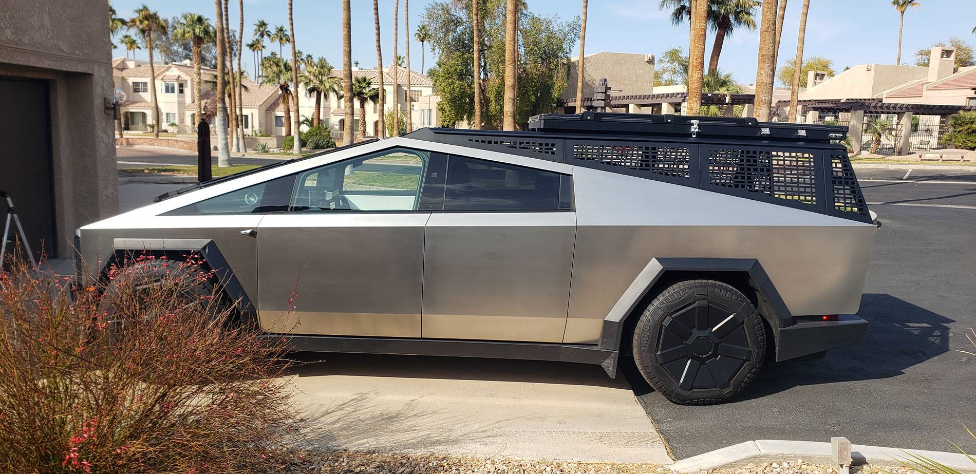 Tesla Cybertruck How I Carry a Spare When Off-road Adventuring -- Mounted to Underside of Bed Rack Tent Calapsed