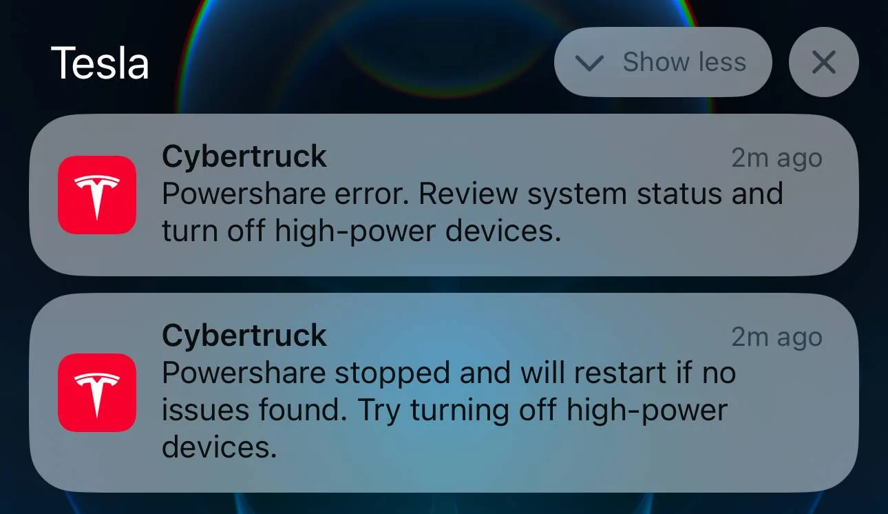Tesla Cybertruck Powershare Error Notifications? IMG_8975